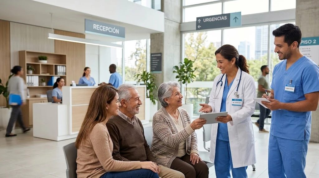 Personal médico atendiendo a una familia en la recepción de la clínica